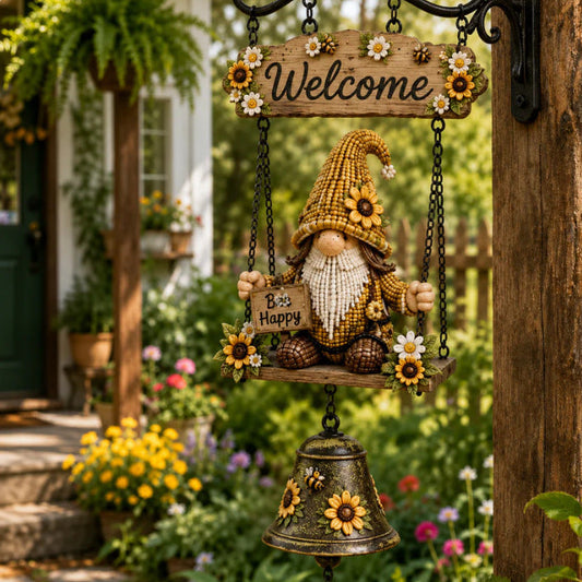 Rustic Garden Gnome Bell – Bee-Themed Farmhouse Outdoor Decor 🌼