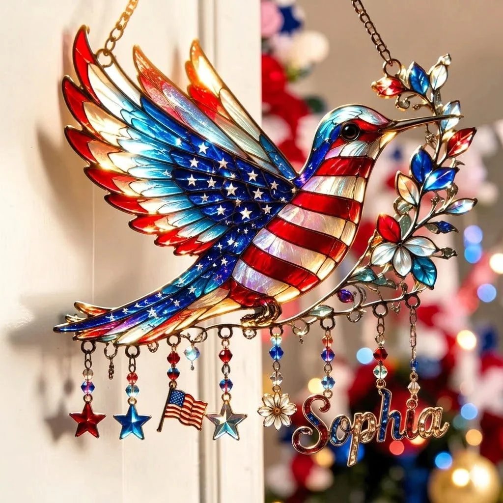 🕊️ Charm Patriotic Hummingbird 🎨 - Personalized Acrylic Window Hanging Suncatcher ✨ | 250th Anniversary Gift 🎁