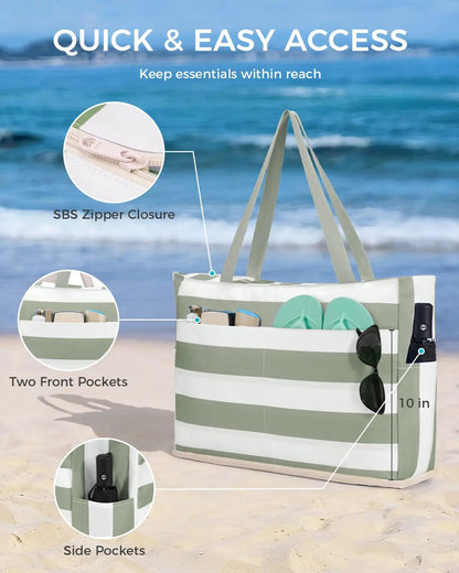 Large Mesh Beach Bag with 40oz Tumbler Pocket and Zipper Closure
