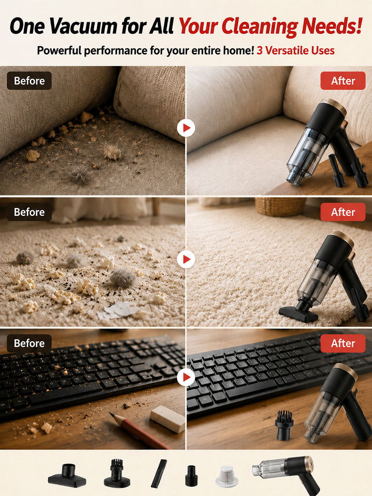 🚀 3-in-1 Car Vacuum: 3s to Clean & Inflate, No more messy seats!