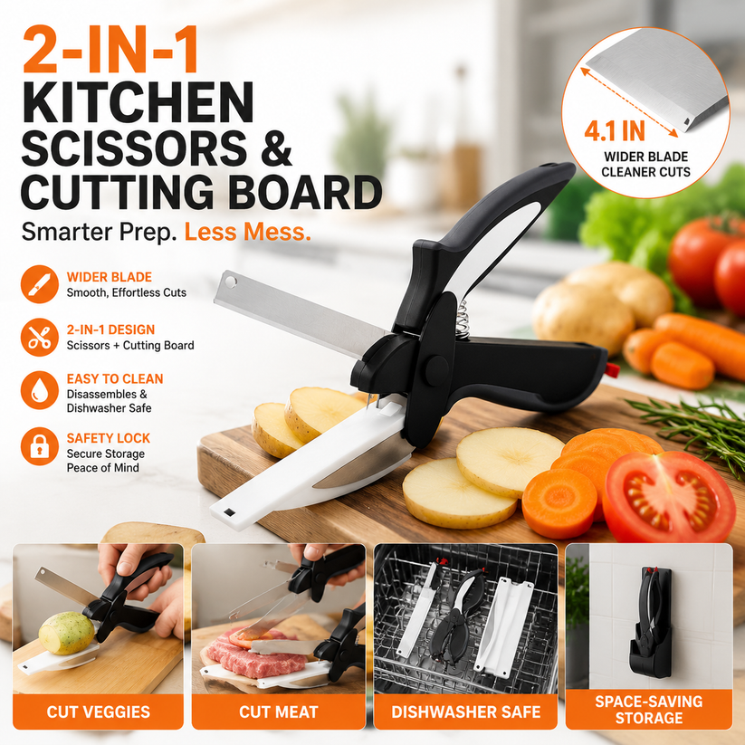 2-in-1 Kitchen Scissors with Cutting Board – Stainless Steel Food Cutter for Meat, Vegetables, Fruit & Cheese