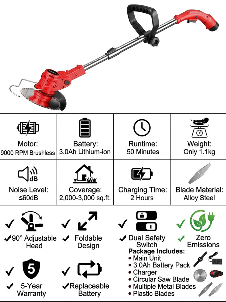 🌿 Lightweight Cordless Grass Trimmer Quiet 9000 RPM Powerful Long Battery Life Foldable Easy Storage