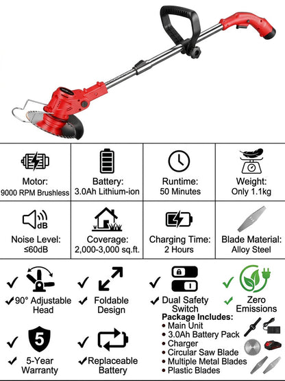 🌿 Lightweight Cordless Grass Trimmer Quiet 9000 RPM Powerful Long Battery Life Foldable Easy Storage
