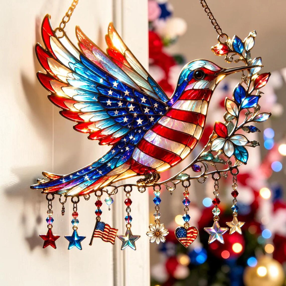 🕊️ Charm Patriotic Hummingbird 🎨 - Personalized Acrylic Window Hanging Suncatcher ✨ | 250th Anniversary Gift 🎁