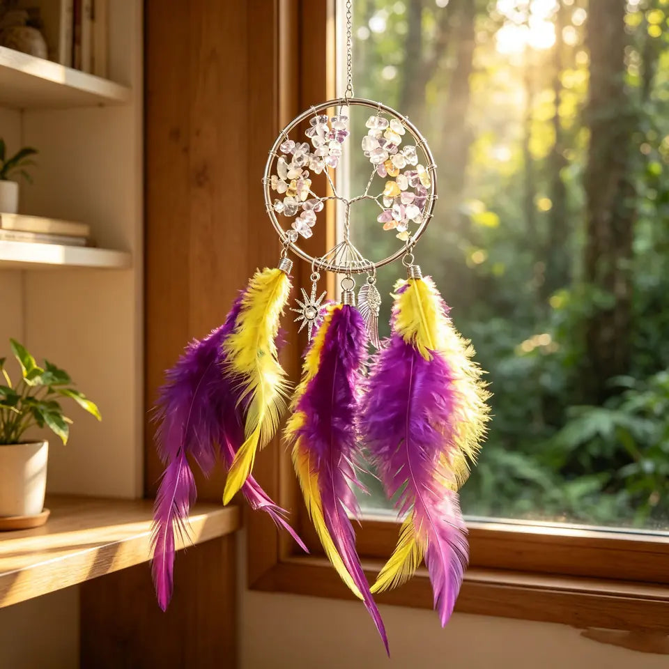 🌿 TODAY ONLY — SAVE 50% ✨ Crystal Tree of Life Feather Hanging | Colorful Boho Window & Wall Decor