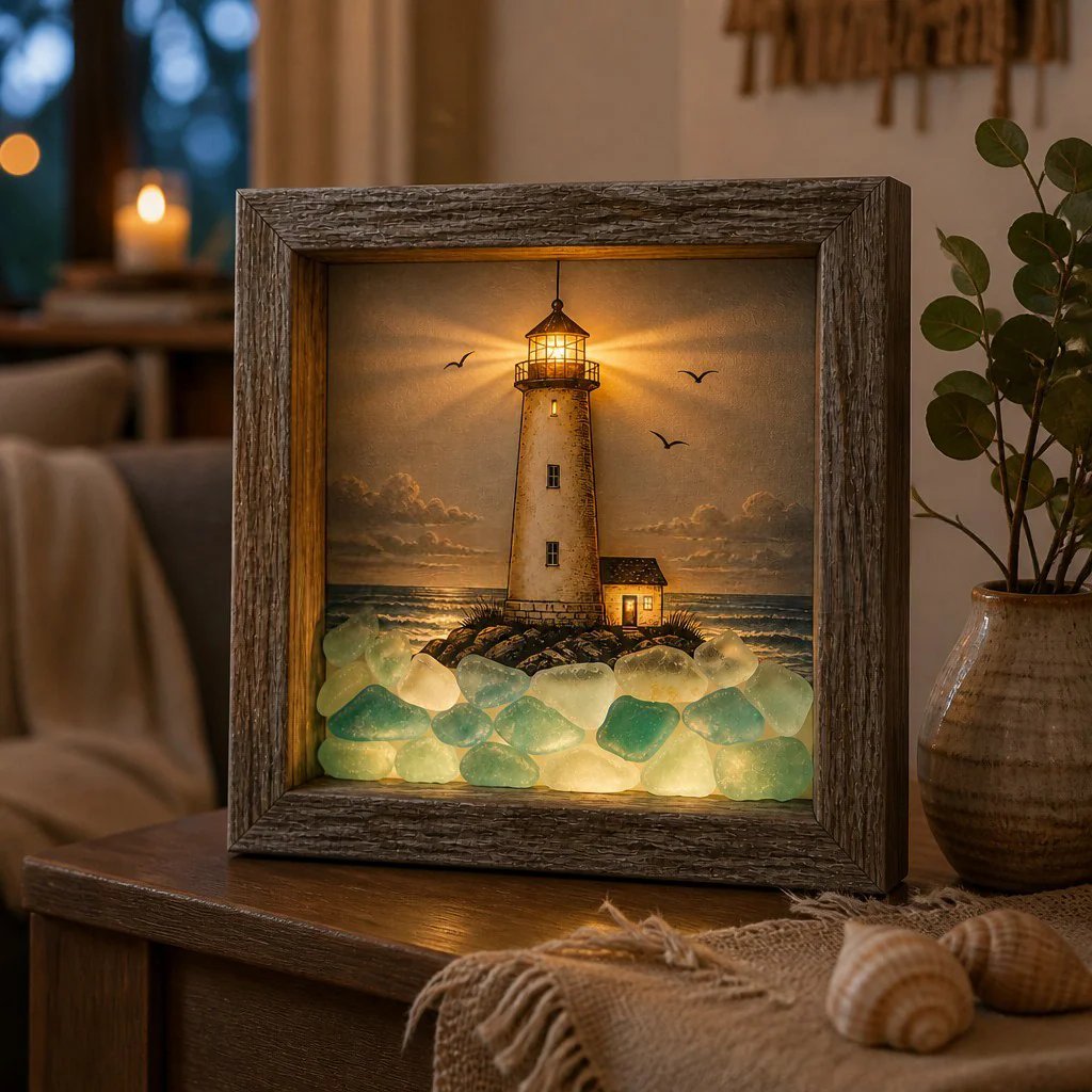 🌊✨ Coastal Lighthouse Sea Glass Night Light – Bring The Ocean Home