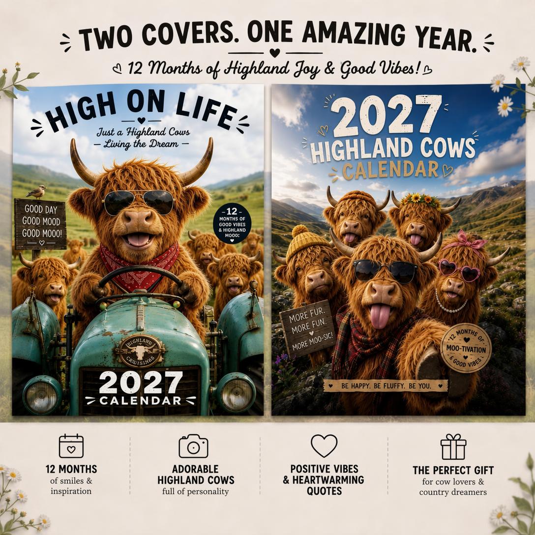 2027 Funny Highland Cows Wall Calendar | A4 Hanging Calendar
