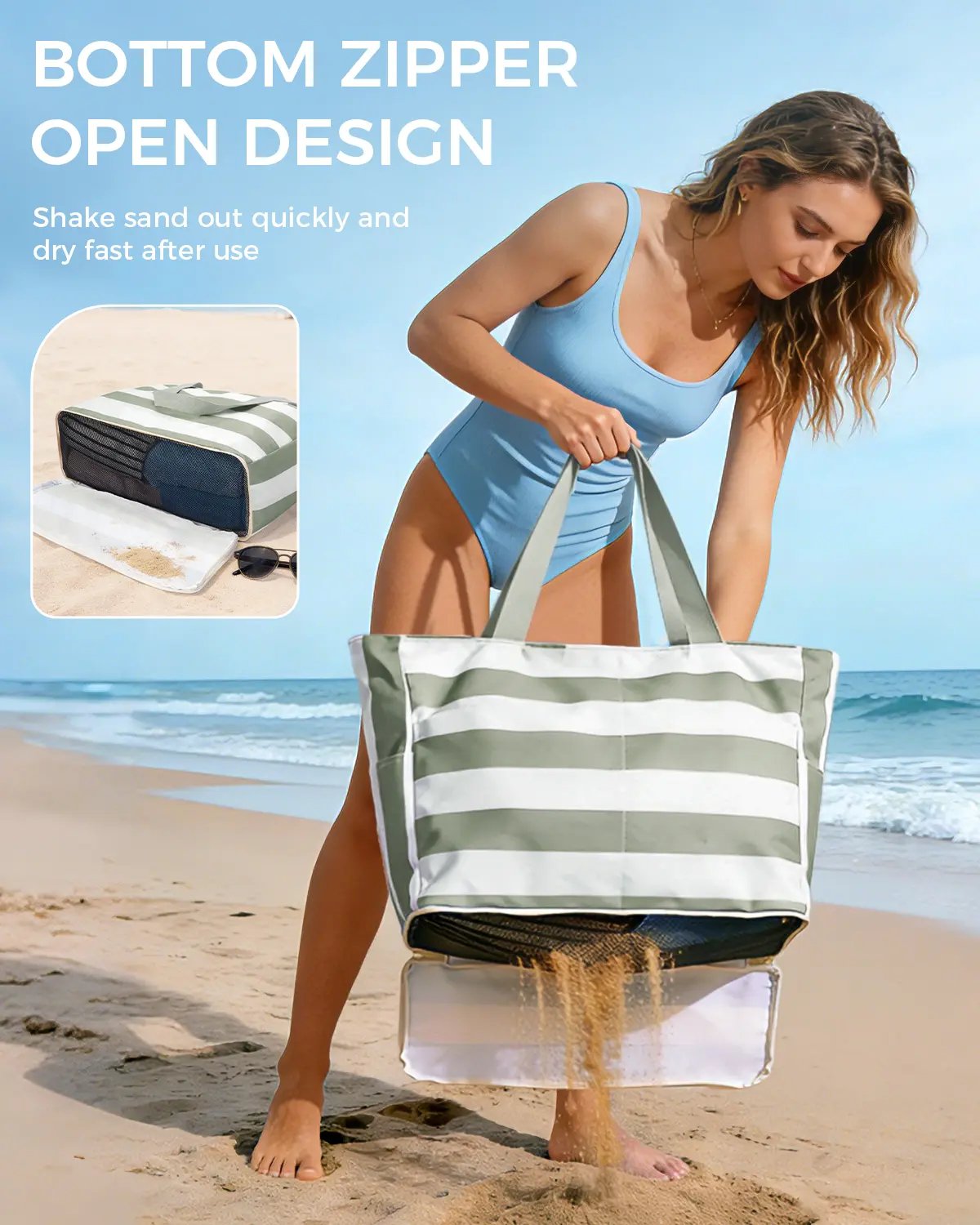 Large Mesh Beach Bag with 40oz Tumbler Pocket and Zipper Closure