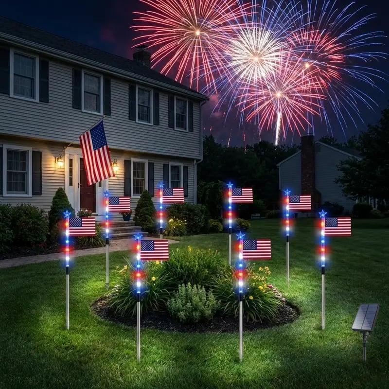 7 Solar American Flag Pathway Lights – Red, White & Blue Yard Glow for 250th Independence Celebration 🇺🇸✨
