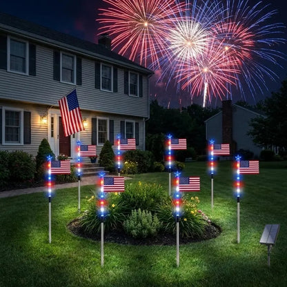 7 Solar American Flag Pathway Lights – Red, White & Blue Yard Glow for 250th Independence Celebration 🇺🇸✨