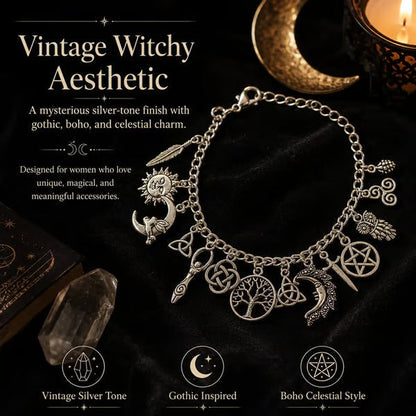 🌙 Vintage Witchy Charm Bracelet – Mystical Celestial Jewelry For Everyday Magic