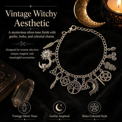 🌙 Vintage Witchy Charm Bracelet – Mystical Celestial Jewelry For Everyday Magic