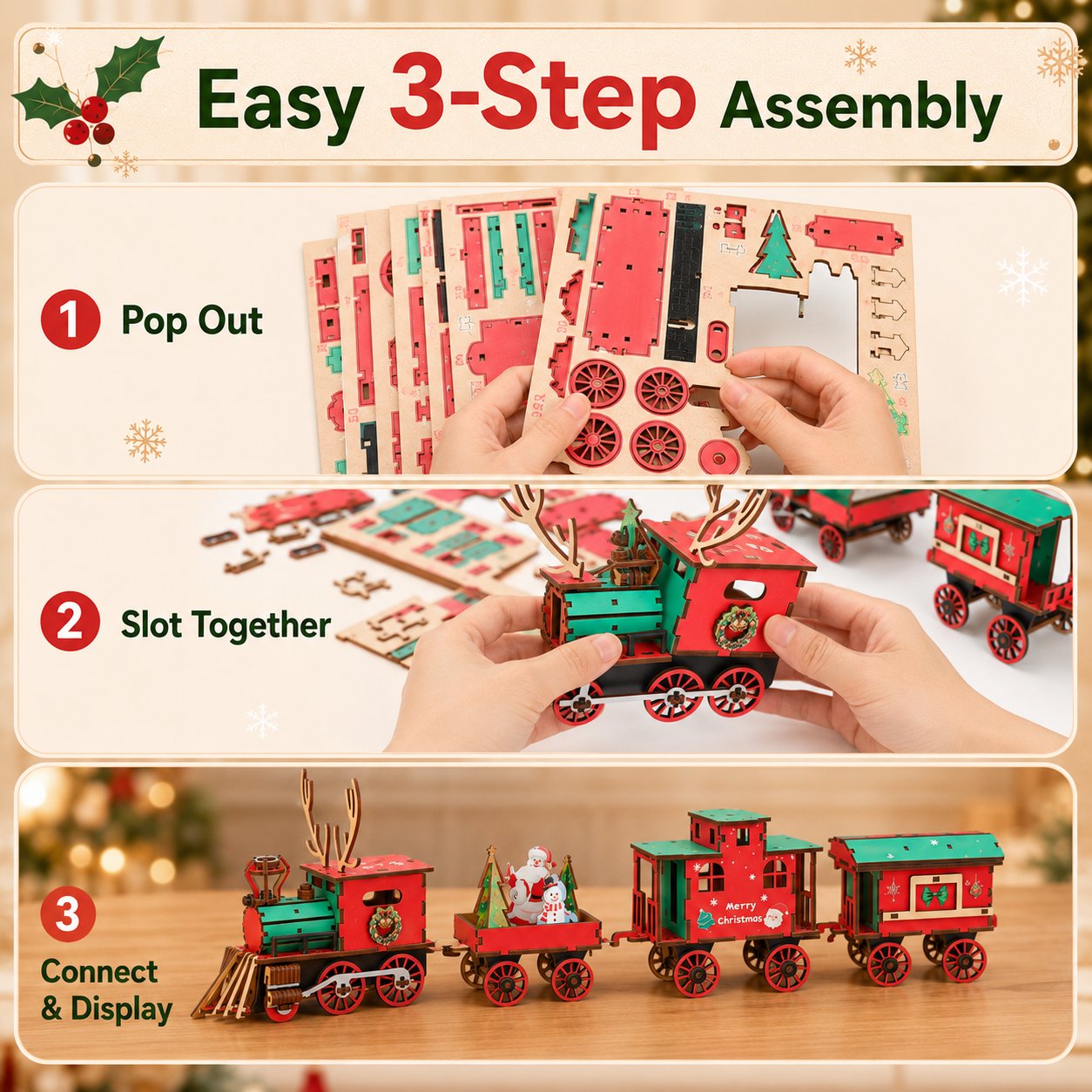 🎄LAST DAY 50% OFF – 🚂DIY Christmas Wooden Train Set – Festive 3D Assembly Puzzle & Holiday Decoration