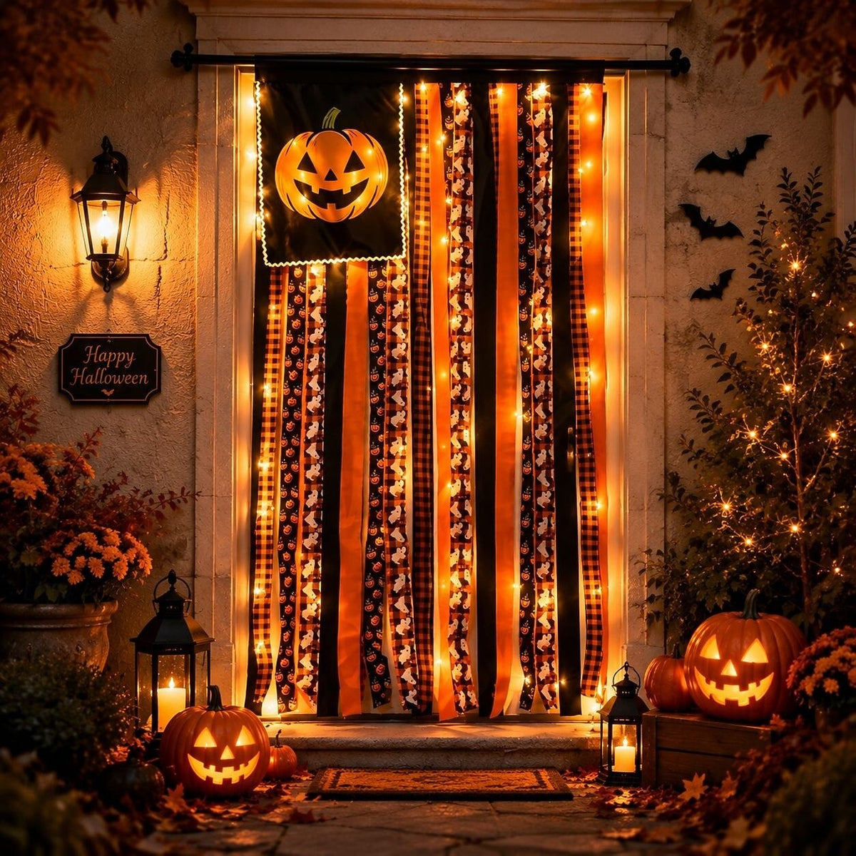 Halloween Banner Flag Pre-Lit Pumpkin Fabric Ribbon