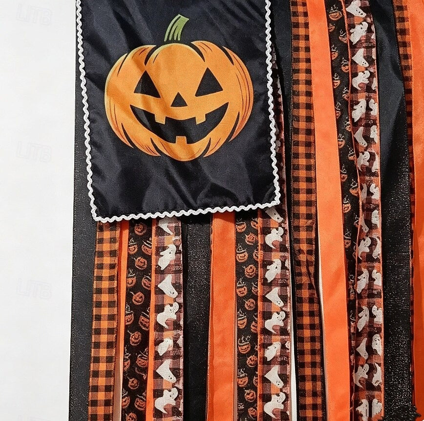 Halloween Banner Flag Pre-Lit Pumpkin Fabric Ribbon