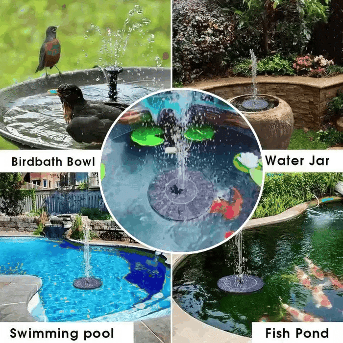 Solar bird bath fountain creating a garden water spray